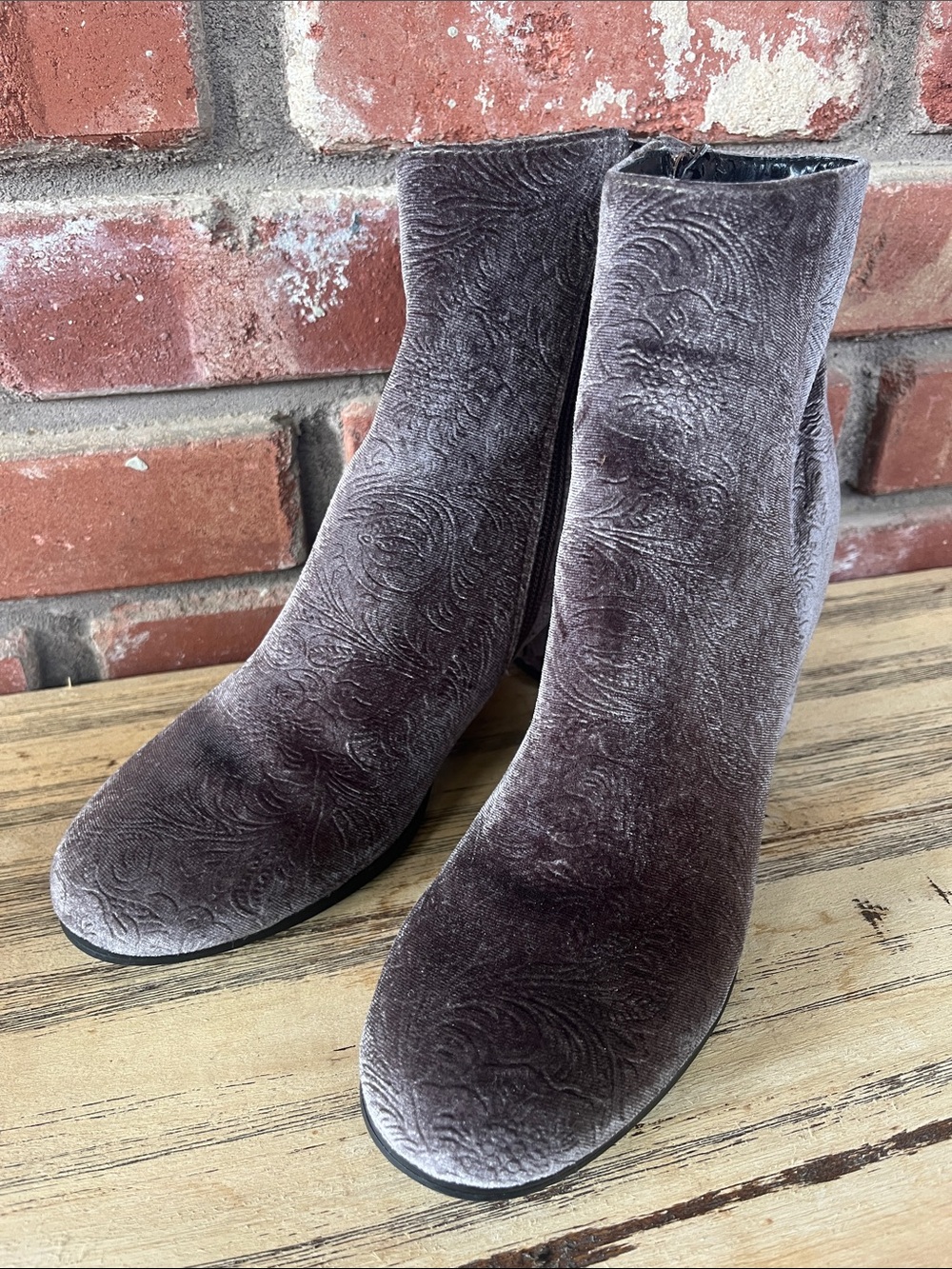 Indigo Rd Embossed Velvet Ankle Booties in Grayish Taupe